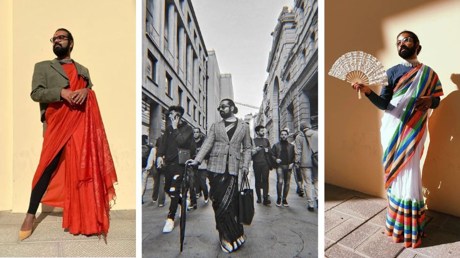 L-R: The Bong Munda in a sari in Florence; on the streets of Milan; at the Italian fashion school Polimoda