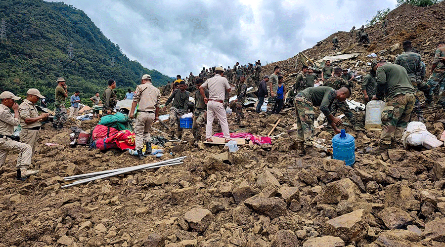 Rescue operations underway after a massive landslide hit the Tupul railway construction camp in Noney district of Manipur on Thursday.