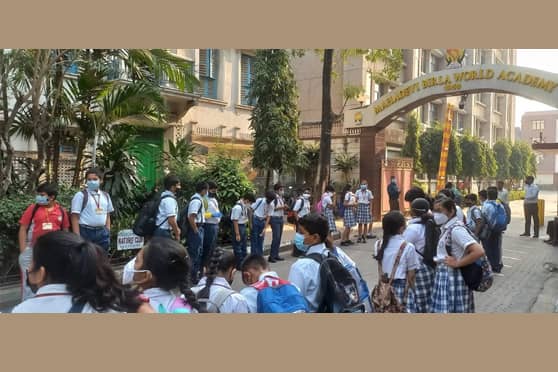 The middle school students of Mahadevi Birla World Academy returned to school after two years on March 1. Students of Classes VI to VIII will be eased back into the offline school environment in batches all through March.