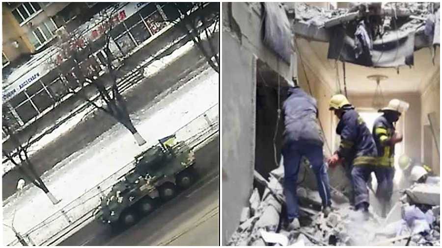 A still from a video shot by Soumya Kanti Biswas shows a tank rolling down a road in Ukraine’s Kharkiv. (Left)  A picture taken from a video shows firefighters clearing the rubble inside the regional administration building in Kharkiv, Ukraine, after Russian shelling. (PTI)