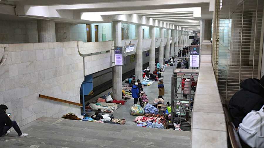 People take shelter from bombings in the Kharkiv Metro, Kharkiv, northeastern Ukraine.