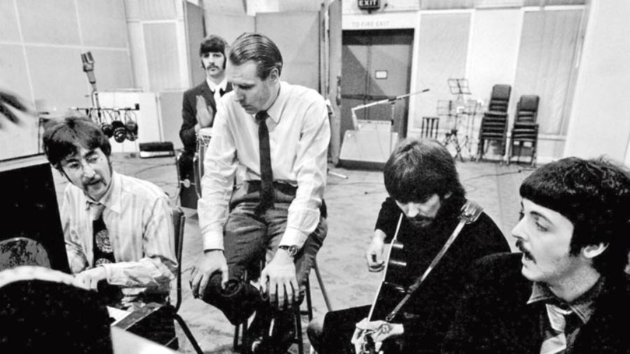 File Picture of Producer George Martin with The Beatles at Abbey Road Studios 