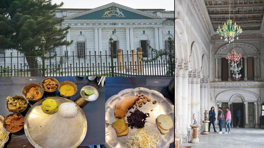 The Cossimbazar Rajbari (left and right) is an extremely well-maintained place in Murshidabad where one can stay as well. The Rajbhog (below and below left) is a meal served in kansha utensils and lives up to its billing as the ‘food for kings’ quite well