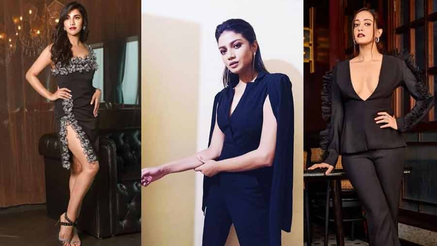 Rukmini wears a high slit number, Sauraseni aces the pant-suit look and Raima gives lessons on how to sport a plunging neckline