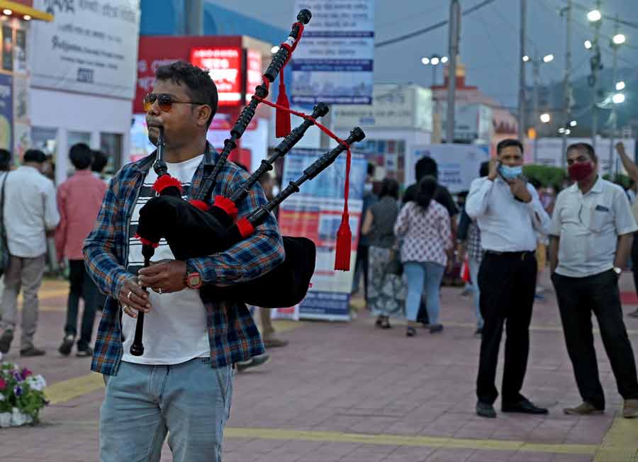 A man plays a bagpipe at the 45th International Kolkata Book Fair on Wednesday 