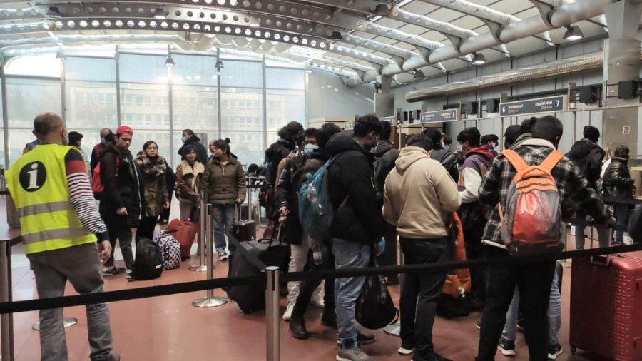 Indian students at the Budapest airport on Wednesday