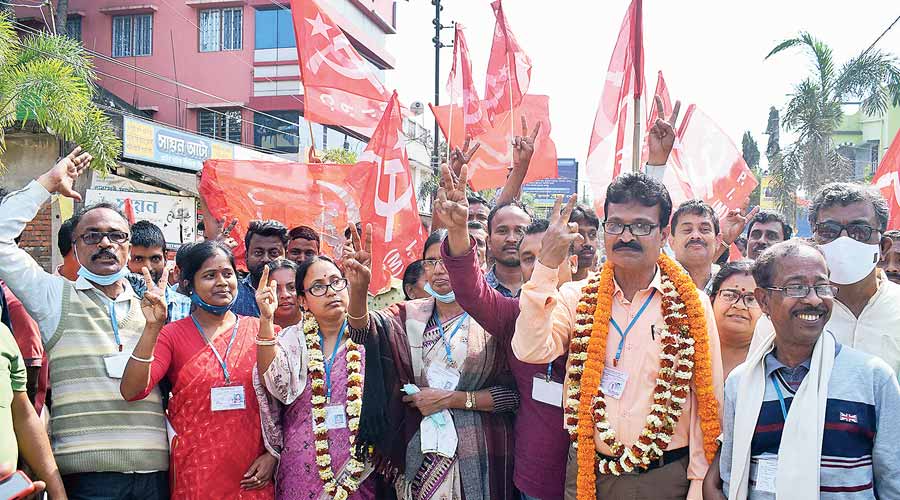 Jubilant CPM candidates of Taherpur, along with party supporters, outside a counting centre  in Ranaghat on Wednesday