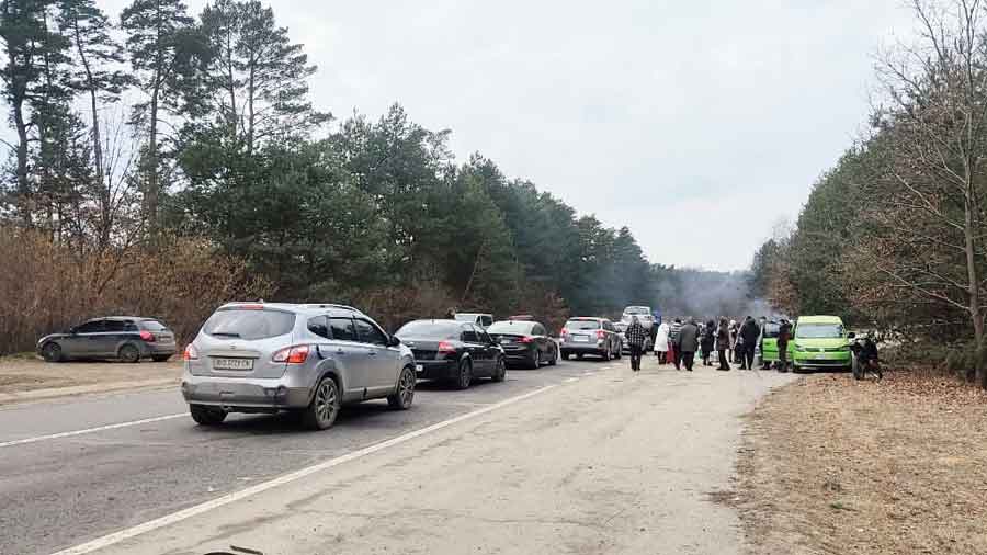 Picture sent by Joydeep Dutta shows vehicles headed towards the Poland border on February 28 evening .