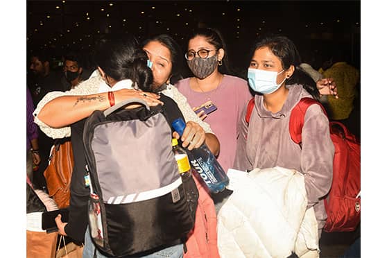 An Indian student, evacuated from crisis-hit Ukraine, being welcomed by relatives upon her arrival at the airport in Mumbai on March 3. 