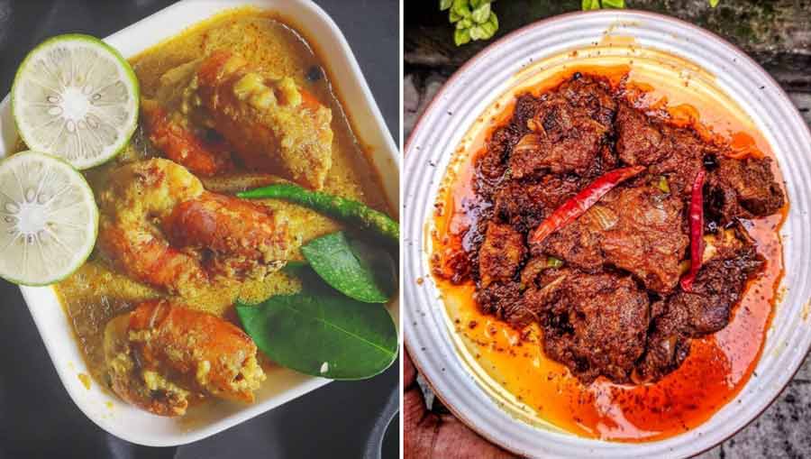 Daber shash e gondhoraj chingri (L) and Chittagong-style mutton kala bhuna