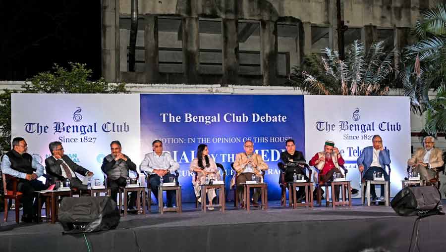 Speakers for and against the motion with moderator Rudrangshu Mukherjee and time keeper Nandini Khaitan, at The Bengal Club Debate