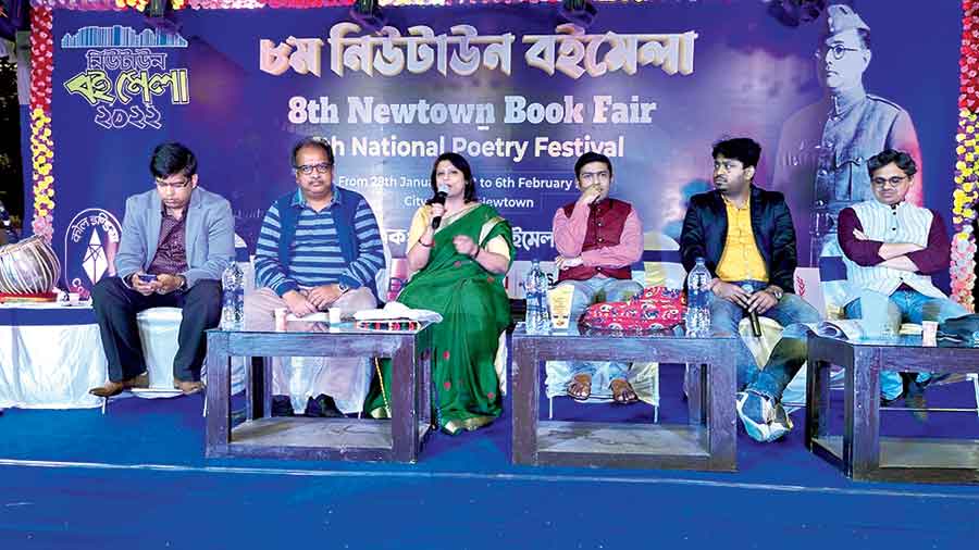 Participants in the discussion on the last evening of the New Town book fair.