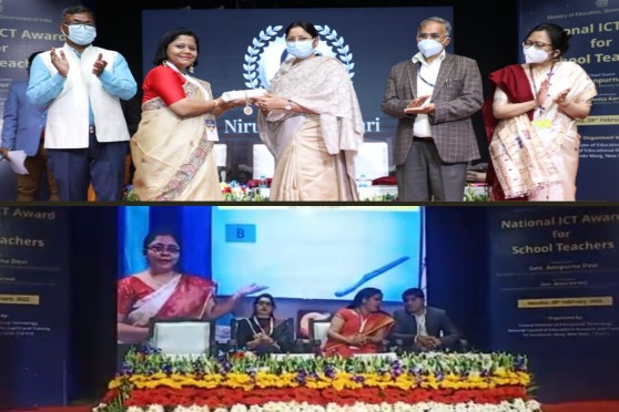 Nirupama Kumari receives the award from Union minister of state for education Annapurna Devi and (below) Shweta Sharma’s picture being shown on the screen during the award ceremony in Delhi.