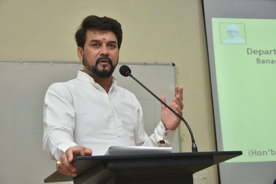 Union minister Anurag Thakur addressing students, teachers and office-bearers of BHU at an event on March 3.