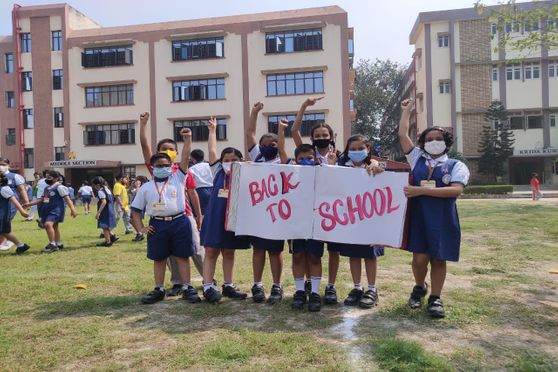 Junior school students returned to the Mahadevi Birla World Academy campus as the school continues to transition from online to offline mode.