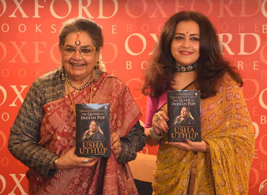 (From left) Singer Usha Uthup and writer Srishti Jha at the launch of the former’s biography ‘The Queen Of Indian Pop: The Authorised Biography Of Usha Uthup’ at the Oxford Bookstore on Park Street on Thursday 