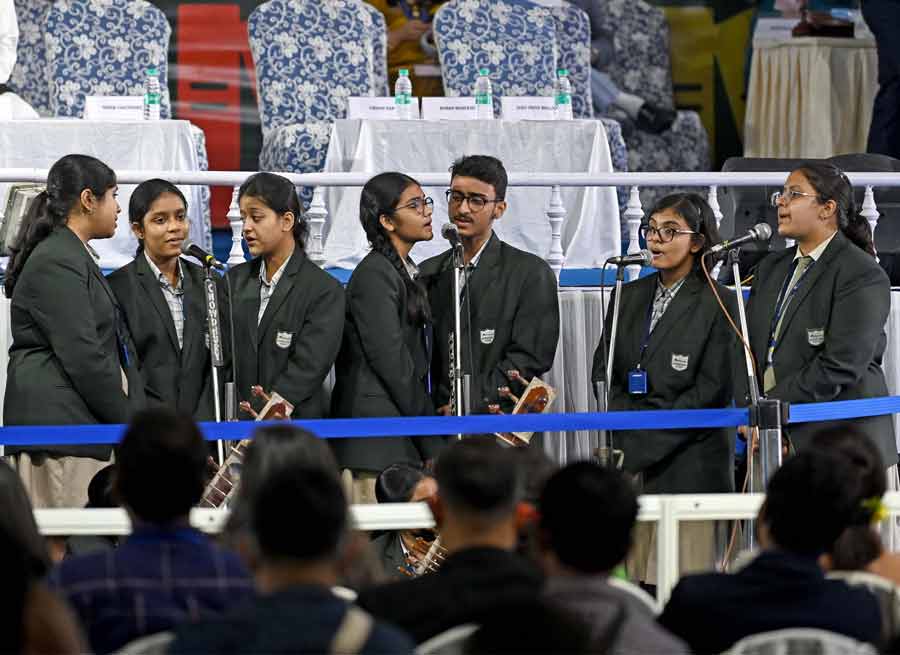 CHORUS: Students of Adamas International School sing at the inauguration of the 45th International Kolkata Book Fair on Monday, February 28, at Salt Lake Central Park. The fair will continue till March 13. The authorities have recently decided that the fair will be permanently held at Central Park