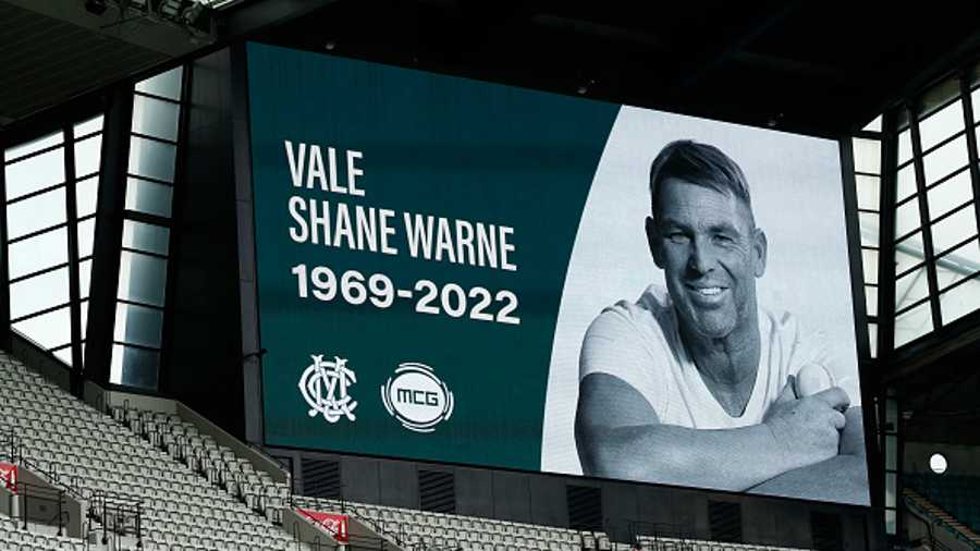 he M.C.G. scoreboards pay tribute to Shane Warne at Melbourne Cricket Ground on March 05, 2022 in Melbourne, Australia. Former Australian cricket player Shane Warne passed away overnight aged 52. 