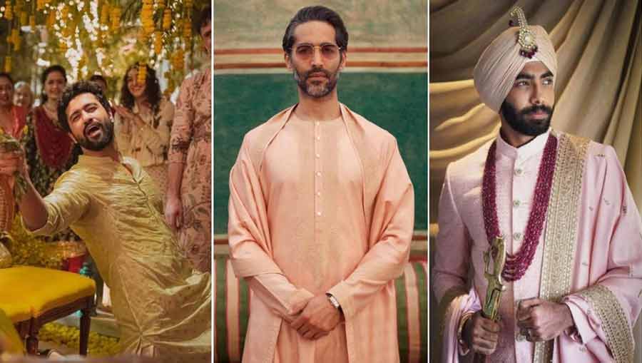 Grooms of Sabyasachi: Vicky’s mint silk kurta with embroidered butis, a salmon threadwork kurta and Jasprit Bumrah’s pale pink raw silk sherwani