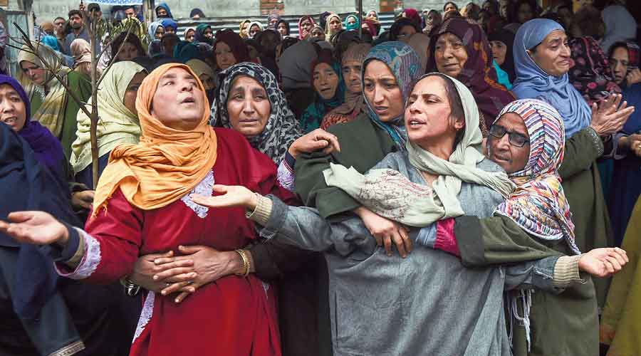 Women on Monday mourn the death of Rafiya who was injured in the grenade explosion in Srinagar on Sunday.