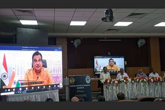 Union minister of road transport and highways Nitin Gadkari attends the NIT Jamshedpur conference virtually.