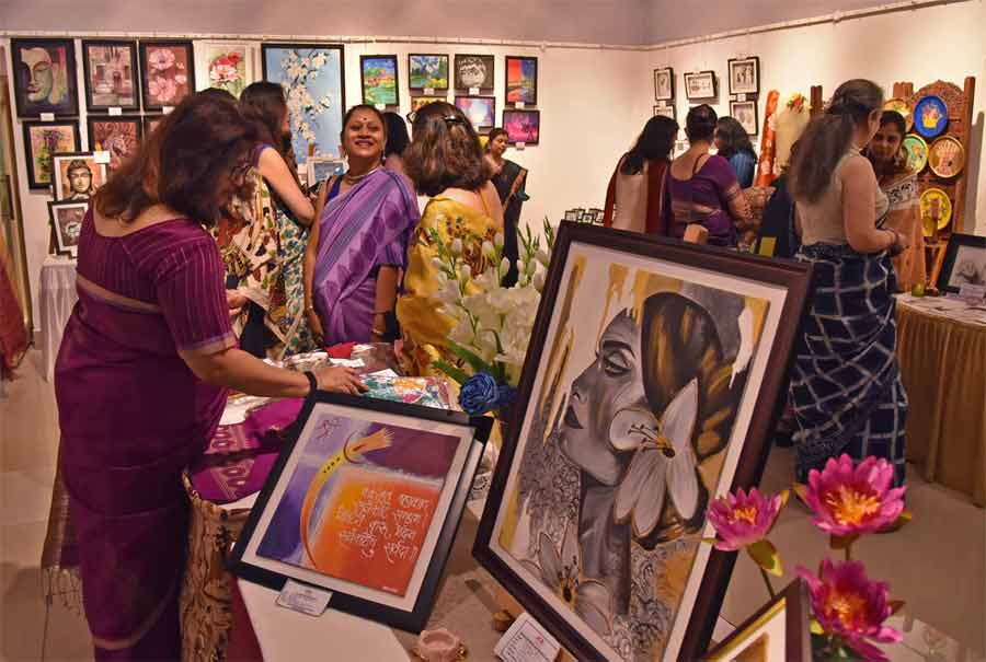 Visitors at an exhibition organised by the Army Wives Welfare Association on Tuesday at Academy of Fine Arts. On the occasion of International Women’s Day, 50 members of army households from Kolkata and Ranchi showcased their art at the exhibition. It was held from 12pm to 8pm