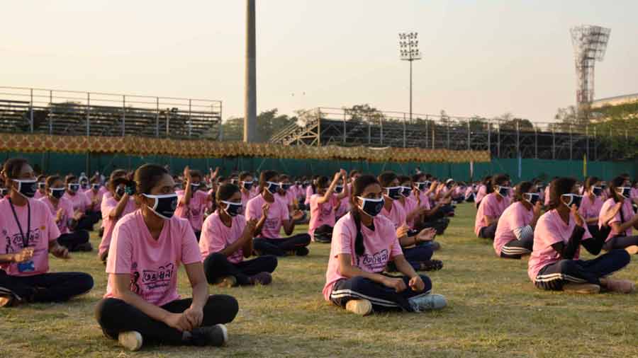 Participants at the opening ceremony of Tejashwini-Kolkata police’s self-defence workshop for women- on Tuesday at Police Athletic Club, Maidan. The five-day long workshop will be held in nine venues across Kolkata