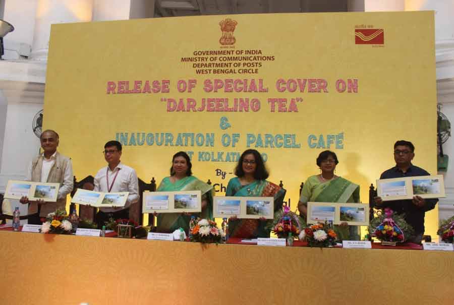 Postal department officials release a special cover on Darjeeling tea on Tuesday at the General Post Office (GPO) in the BBD Bag area in central Kolkata