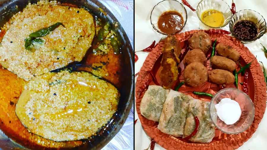 (L to R) Shorshe bhaapa maach; a thali comprising vegan fish and meat cutlets, veg cutlets and rice paper stuffed fries with homemade dips