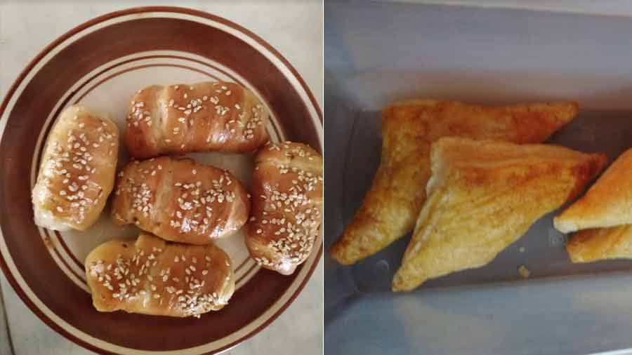 (L to R) Sausage rolls; Mutton patties 