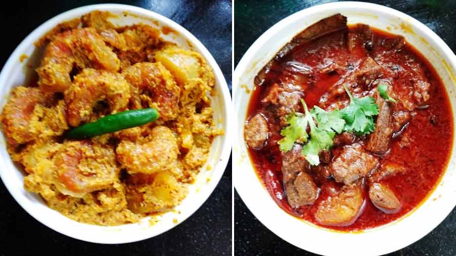 (L to R) Chingri Malaikari; Kosha Mangsho