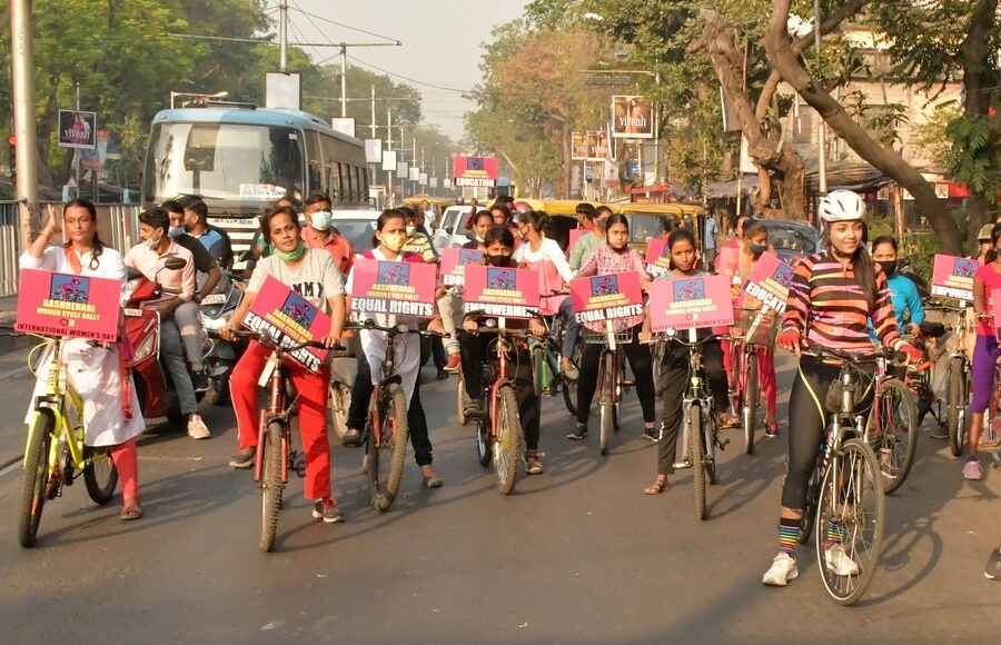 Participants at a cycle rally celebrating International Women's Day on Tuesday in south Kolkata