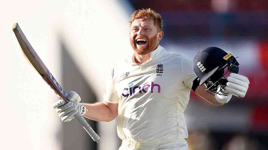 Jonny Bairstow of England celebrates after reaching  his century against the West Indies at North Sound in  Antigua on Tuesday. 