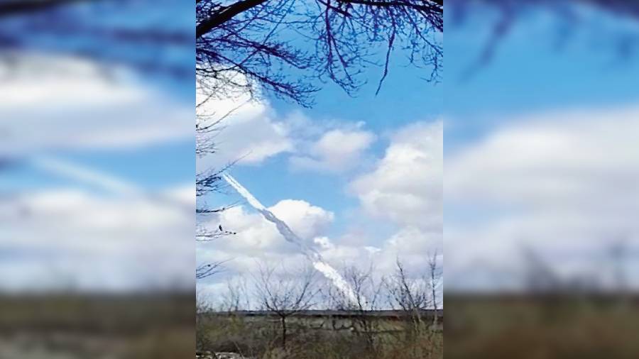 The two Indian girl students in Kherson, Ukraine, clicked while returning to their hostel on Tuesday this picture of a missile that landed in their vicinity