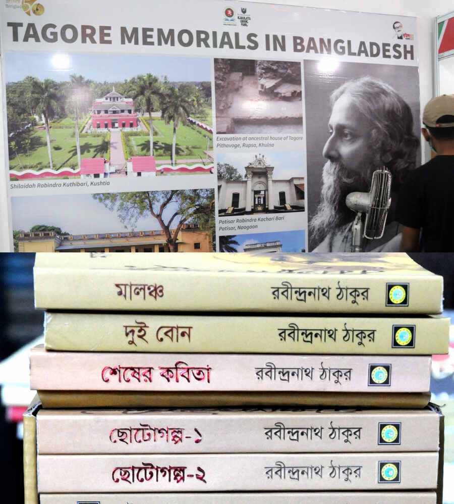 A standee put up by Bangladesh’s Department of Archaeology highlights the many Tagore memorials in that country, including Tagore’s father-in-law’s home in Khulna and the Rabindra Kuthibari in Kushtia. Republished works of the bard are among the best-sellers