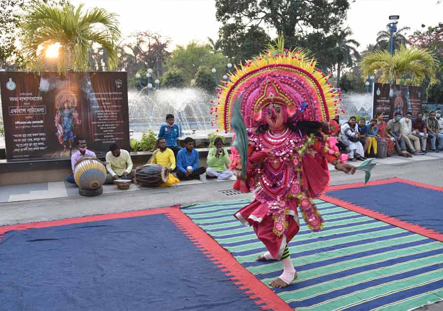 An artiste performs Chhau dance- a traditional form of folk art from rural Bengal- at Rabindra Sadan on Thursday