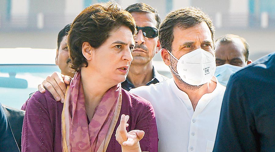 AICC General Secretary Priyanka Gandhi Vadra and Congress leader Rahul Gandhi during a public meeting for UP Assembly elections, in Amethi, Friday, Feb. 25, 2022.