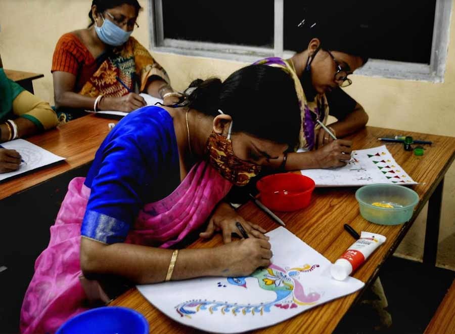 Participants at an art workshop on Friday at Sanskrit Collegiate School in north Kolkata