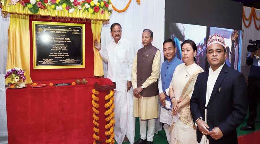 Naidu lays the foundation stone of the permanent campus of the Kanchenjungha State University on Friday.
