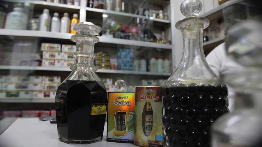 Buksh is proud of the decanters in his shop, which have been used to store ‘attar’ for decades