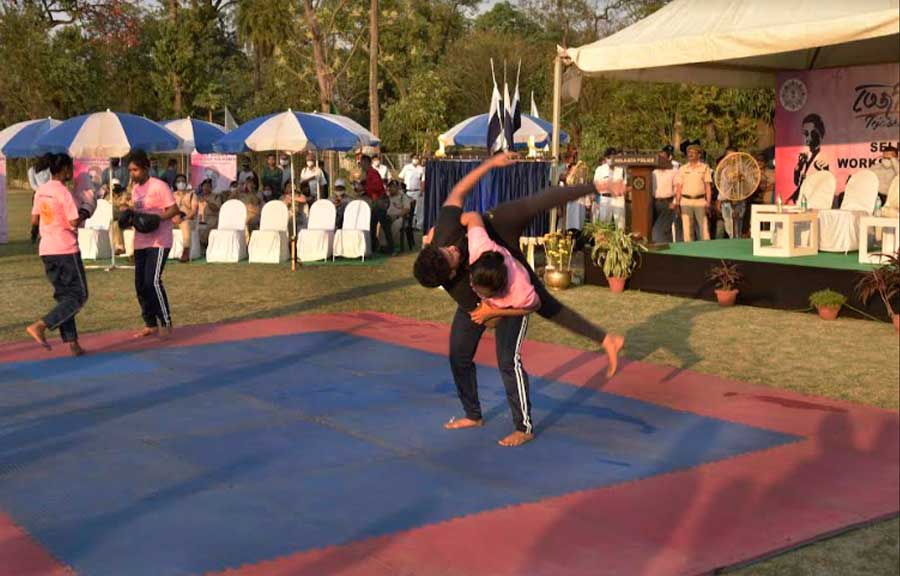 WOMEN POWER: Participants at Tejashwini — Kolkata police’s self-defence workshop for women — display their martial art skills on Tuesday, March 8, at the Police Athletic Club on the Maidan. The five-day-long workshop is being held at nine venues across Kolkata