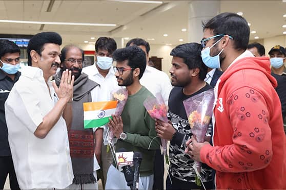 Tamil Nadu chief minister M K Stalin greets Indian students evacuated from Ukraine in Chennai on March 12.