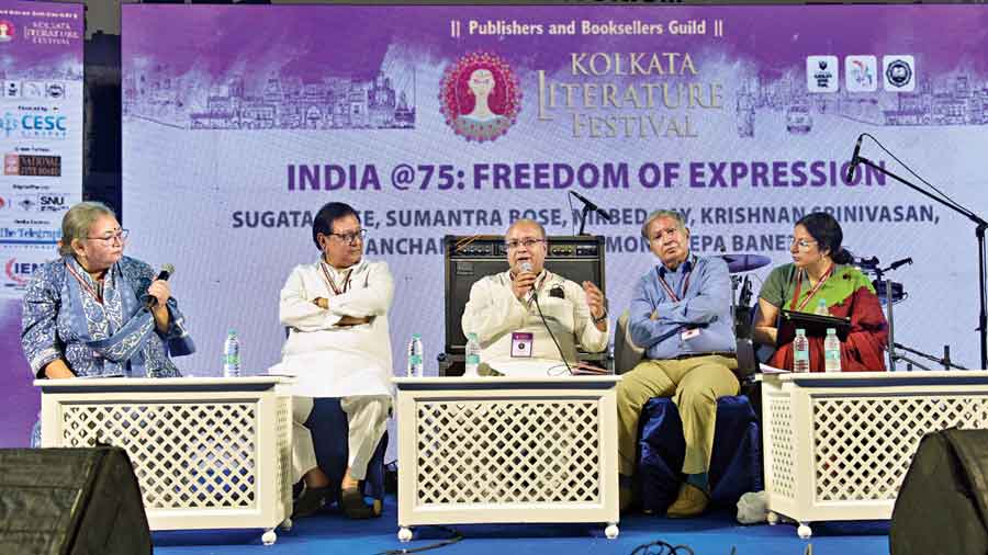 (From left) Monideepa Banerjie, Nirbed Ray, Sumantra Bose, Krishnan Srinivasan and Kanchan Kanojia at the Kolkata Literature Festival panel on Saturday.