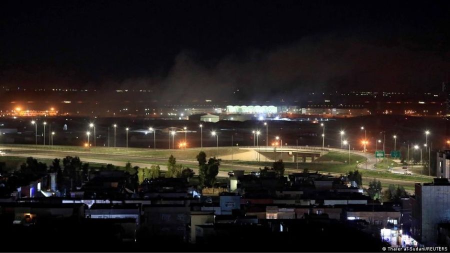 In this photo from February 2021, smoke rises after mortar shells landed near Erbil airport