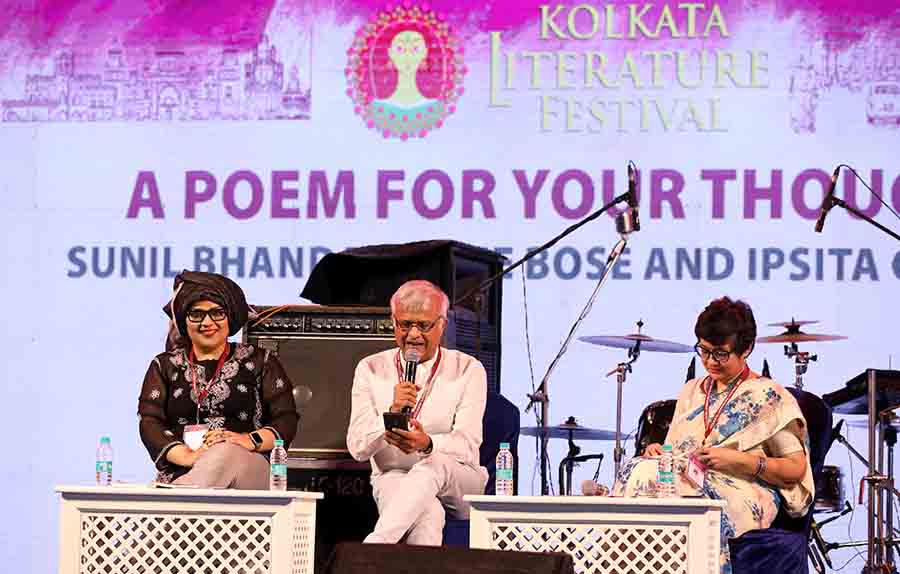 Poets (left to right) Joie Bose, Sunil Bhandari and Ipsita Ganguly recite their verse in the first session of KLF’s second day called 'A Poem For Your Thought'