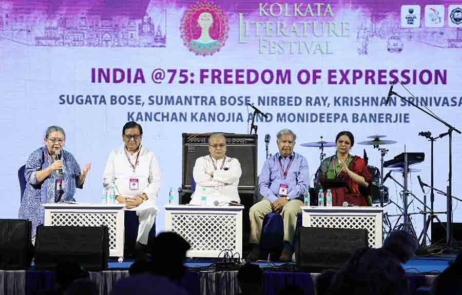 In a session about the state of the Indian democracy on the verge of 75 years of Independence, (right to left) author Kanchan Kanojia, former Foreign Secretary Krishnan Srinivasan, political scientist Sumantra Bose and former MLA Nirbed Ray voice their views on freedom of expression, moderated by journalist Monideepa Banerjie