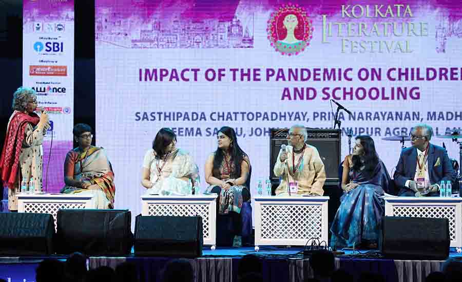 A session assessing the impact of the pandemic on children’s reading and schooling sees authors Sasthipada Chattopadhyay, Priya Narayanan, Nupur Agrawal and Madhurima Vidyarthi along with Seema Sapru, principal of The Heritage School, and John Bagul, founder principal of South City International School, put forth their thoughts to moderator Sujata Sen