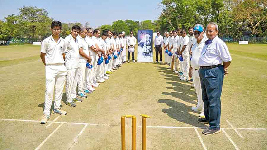 A minute’s silence being observed in memory of Murtaza Lodhgar at the Kalighat ground on Sunday.