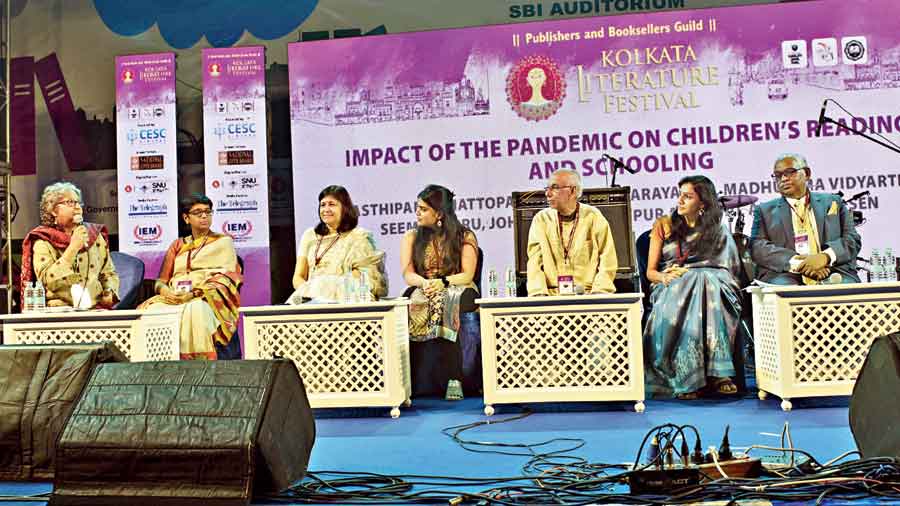 (From Left) Sujata Sen, Madhurima Vidyarthi, Seema Sapru, Nupur Agrawal, Sasthipada Chattopadhyay, Priya Narayanan and John A. Bagul at the session on Saturday. 
