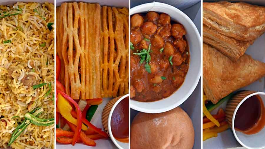 (L-R) Murgh Rampuriya Biryani, Paneer Khurchan Puff, Masaladar Chole Bun and Chicken and Leek Patties